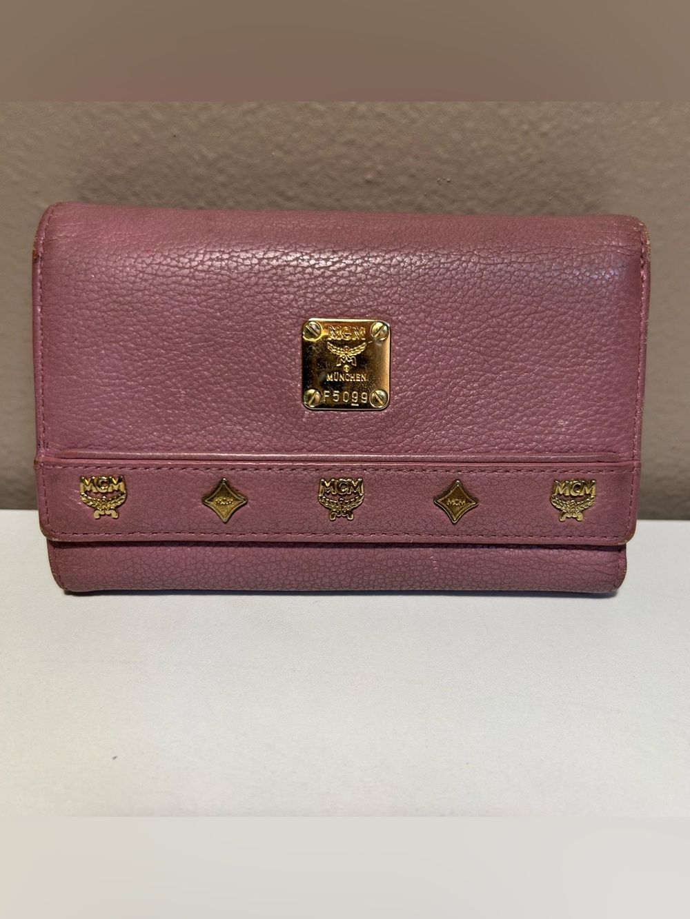 MCM Blush Pink Mauve Leather Wallet Gold Plaque READ